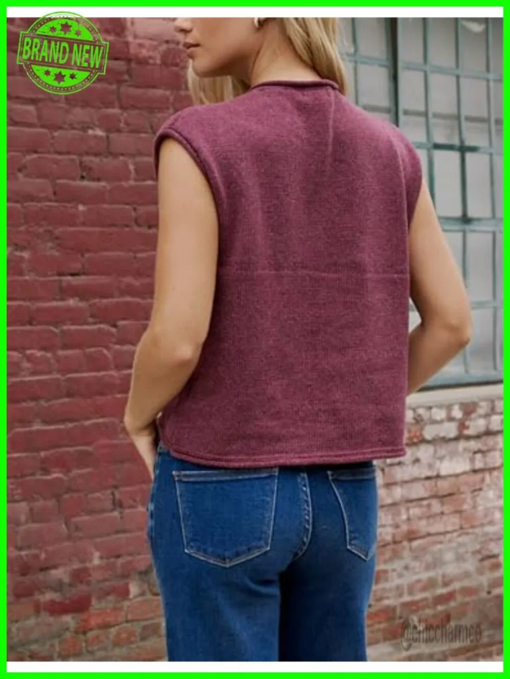Knit Vest Button Front Crewneck Cap Sleeve Relaxed Fit